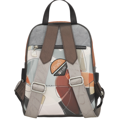 mochila em couro sintético com padrão geométrico e texto CULTIVATE YOUR MIND