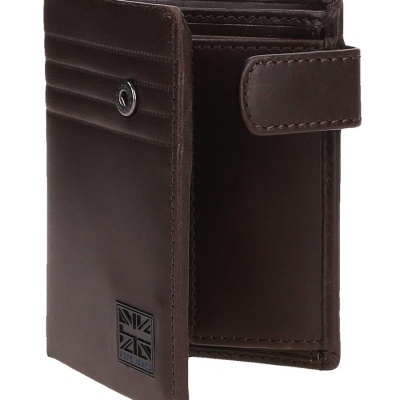 Carteira masculina castanha em couro com fecho de aba por botão