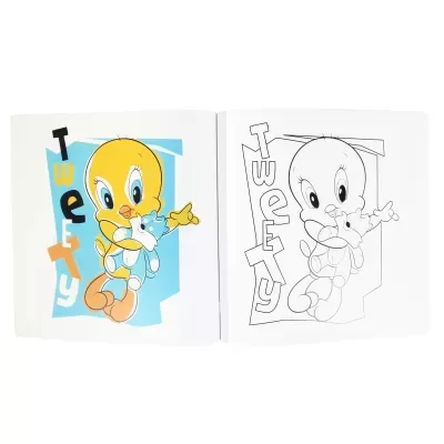 Livro para colorir com personagem Tweety em parte colorida e parte para pintar.