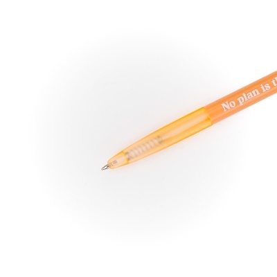 Caneta esferográfica de plástico cor de laranja translúcida com texto branco