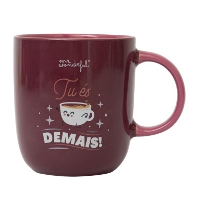 Caneca de cerâmica grená com mensagem e ilustração de chávena de café