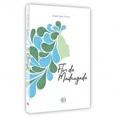Capa de livro branco com ilustração de perfil feminino em azul e verde e texto Flor da Madrugada