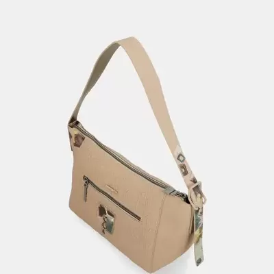 Mala bege com alça única e bolsos com fecho de correr