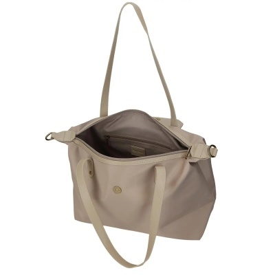 Mala bege com alças compridas e fecho aberto a mostrar interior.