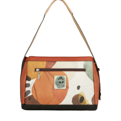 Mala de ombro com padrão abstrato em tons de castanho, laranja, bege e verde