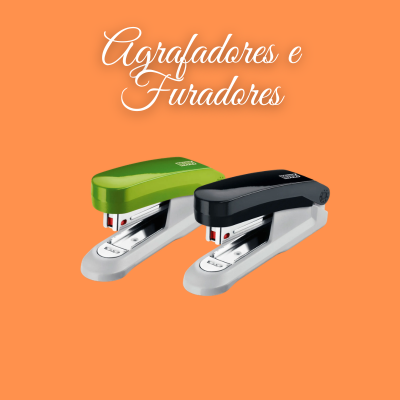 Dois agrafadores, um verde e um preto, sobre fundo laranja com texto informativo.