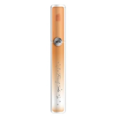 Dispositivo eletrónico fino laranja e branco com texto Fancy Smile e botão cinzento