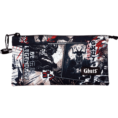 Estojo escolar com padrão gráfico manga preto, branco e vermelho e fecho de correr