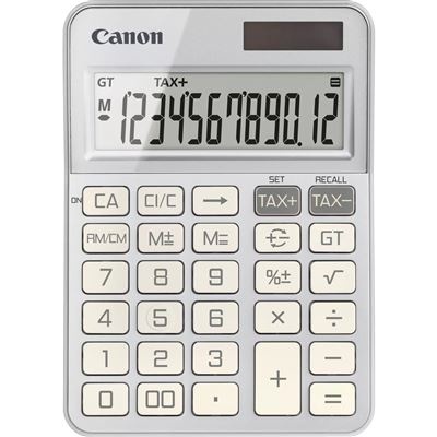 Calculadora Canon branca com ecrã digital grande e botões funcionalidade