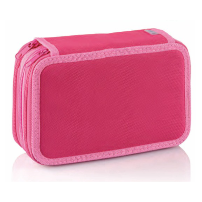 Estojo retangular cor de rosa com zíper duplo em superfície branca