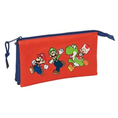 Estojo escolar vermelho e azul com personagens Super Mario estampadas