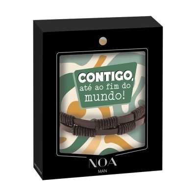 Pulseira masculina castanha em caixa preta com texto CONTIGO, até ao fim do mundo!