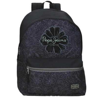 Mochila preta com padrão floral e logo Pepe Jeans