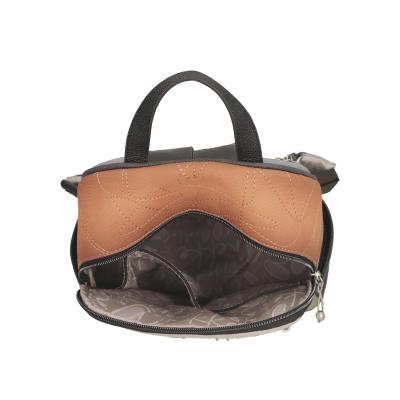 Mala pequena de mão em couro castanho e preto com interior forrado