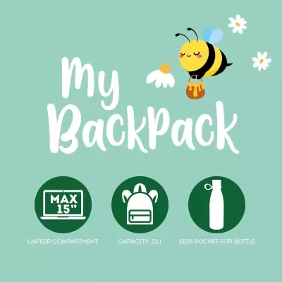 Ilustração de texto My BackPack com abelha e flores em fundo azul
