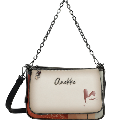 Mala de ombro feminina Anekke bege, castanha e vermelha com corrente preta