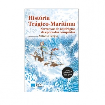 Capa do livro História Trágico-Marítima com ilustração de um navio naufragando em ondas grandes