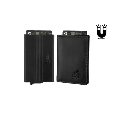 Carteira preta de pele com cartões e ícone magnético