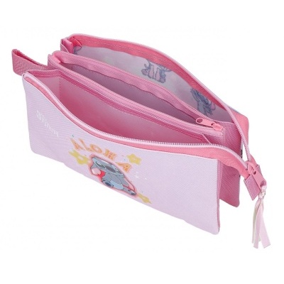 Estojo cor-de-rosa com duas divisórias e personagem animado estampado