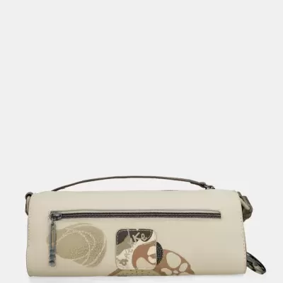 Bolsa bege tipo saco com padrão geométrico castanho e fecho de correr metálico