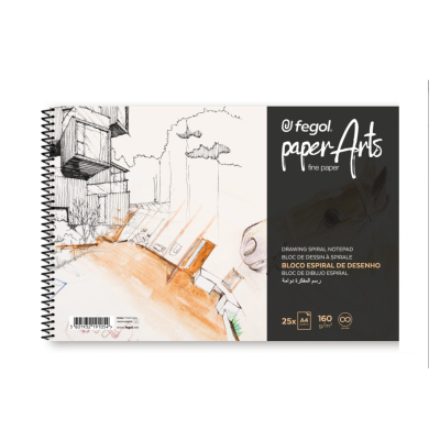 Bloco de desenho espiral Paper Arts da Fegol com capa em tons bege e preto e desenho arquitetónico