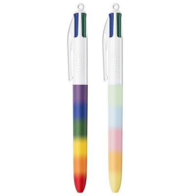 Duas esferográficas BIC brancas com clip branco e corpos em padrão degradê colorido vibrante.