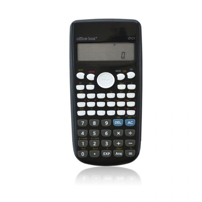 Calculadora científica preta office box LT-C1 com visor digital e várias teclas coloridas