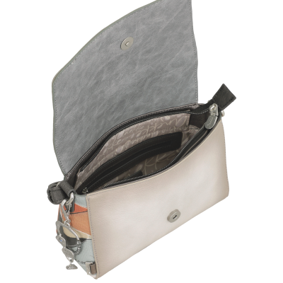 Mala bege e cinza aberta com interior forrado e bolso com fecho