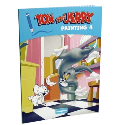 Livro de colorir Tom and Jerry Painting 4 com capa azul e personagem Tom e Jerry na cozinha.