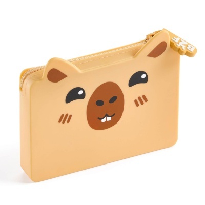 Carteira em silicone bege com fecho amarelo e cara de animal desenhada
