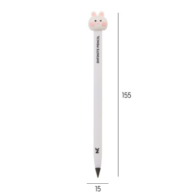 Lápis branco com cabeça de coelho rosado e texto INFINITE PENCIL