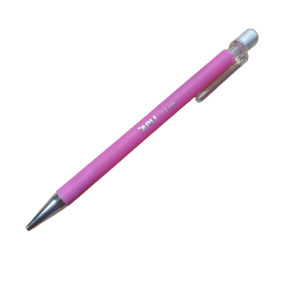 Caneta esferográfica rosa com clip transparente e ponta metálica.