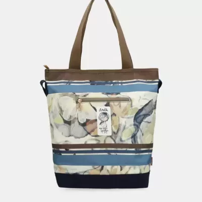 Mala tote em tecido com padrão de pedras e bolso frontal