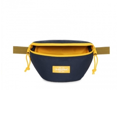 Pochete azul escura com interior amarelo e fecho amarelo