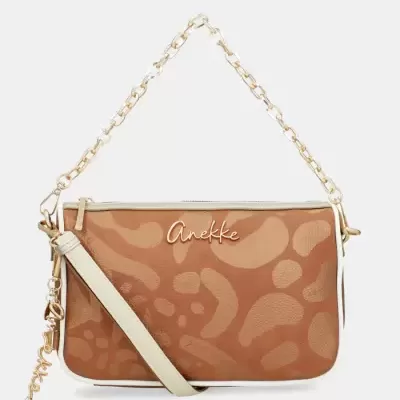 Mala castanha com padrão abstrato e alça de corrente dourada