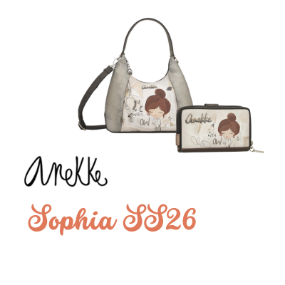 Conjunto mala e carteira Anekke Sophia SS26 com desenho de menina e texto meow