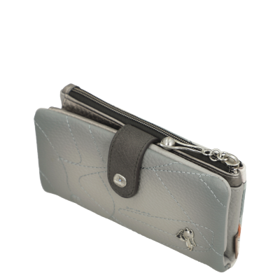 Carteira cinzenta de couro com botão preto e fecho prateado