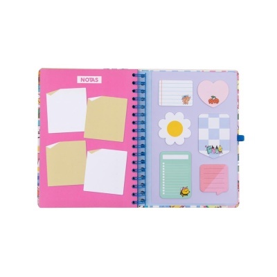 Caderno espiralado com notas adesivas coloridas de vários formatos