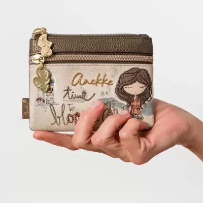 Carteira de couro sintético castanha e bege com ilustração e texto Anekke