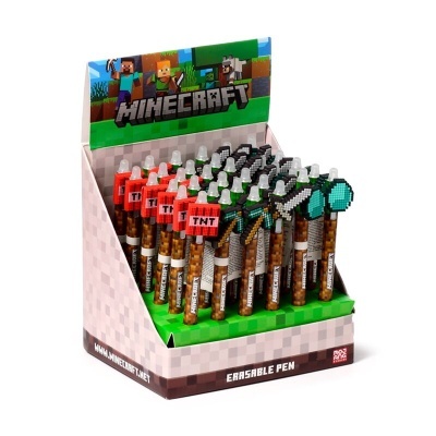 Canetas MINECRAFT com toppers de TNT, espada e picareta pixelizados em expositor colorido