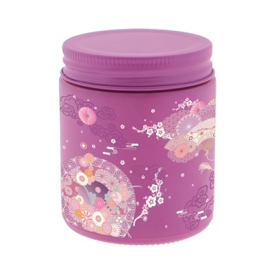Pote roxo com padrão floral e leques em tons rosa e branco