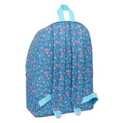 Mochila azul floral com alças e pega azuis