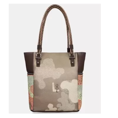 Mala tote em pele sintética com padrões abstratos e alças animal print.
