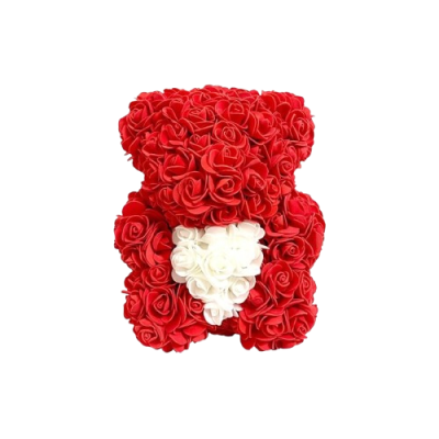Urso de flores artificiais vermelhas com coração branco