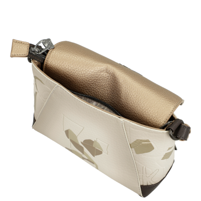 Bolsa de mão branca com padrões e topo metálico bronze