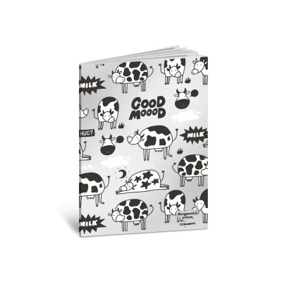 capa de caderno com padrão de vaquinhas a preto e branco e texto Good Mood
