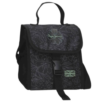 Mochila preta com padrão floral e logo Pepe Jeans