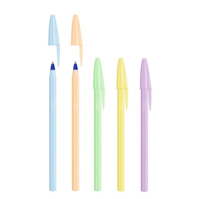 Esferográficas coloridas BIC com tampas, cinco unidades sobre fundo branco
