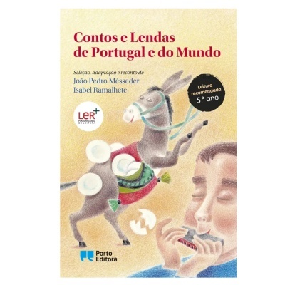 Capa do livro Contos e Lendas de Portugal e do Mundo com ilustração de cavalo e pessoa a tocar harmónica