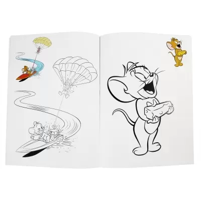 Livro aberto com ilustrações dos personagens Tom e Jerry